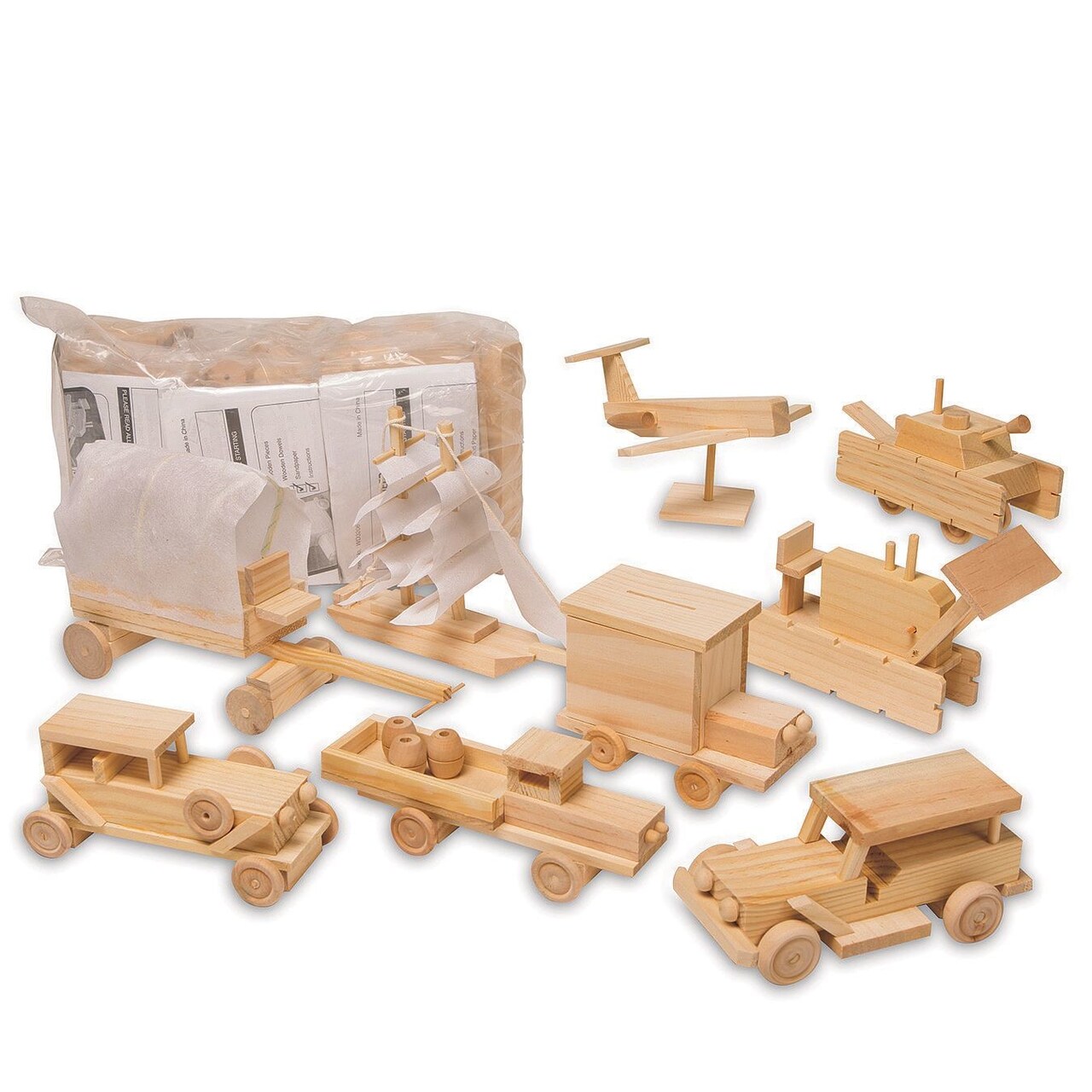 S&S Worldwide Wood Transportation Model Kit, Unfinished, Unassembled, Asst. Vehicles, Precut Craft Wood & DIY Instructions, Wood Glue (not included), Finished Sizes 5-1/2" to 9" long. Makes 12.